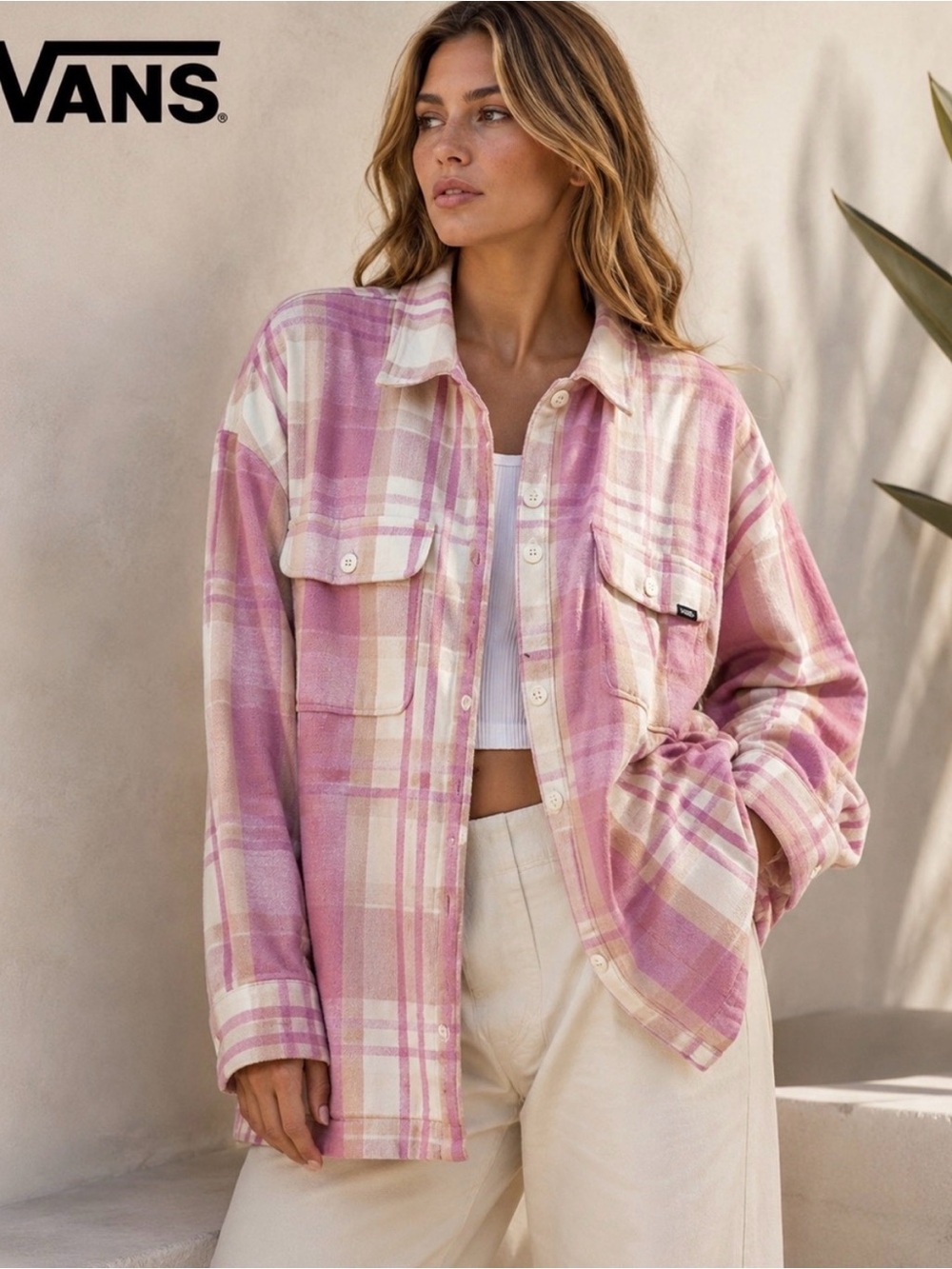 Vans Pink and Cream Plaid Button-Down Shacket
